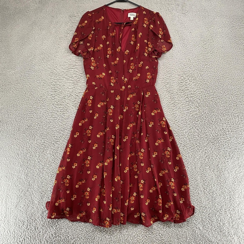 Unique Vintage Midi Dress‎ Womens M Red Floral Fit Flare Keyhole Flutter Sleeve